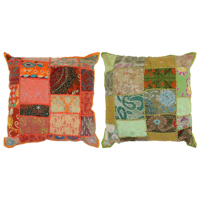 Coussin Patchwork Lot De 2 Fait À La Main 45X45 Cm Orange/Vert