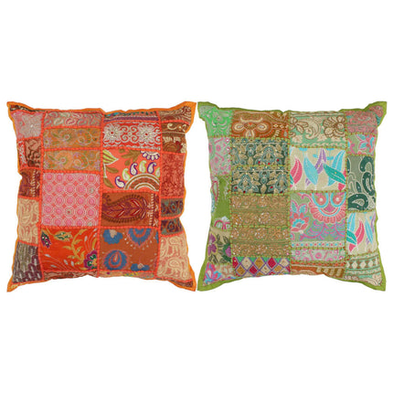 Coussin Patchwork Lot De 2 Fait À La Main 45X45 Cm Orange/Vert