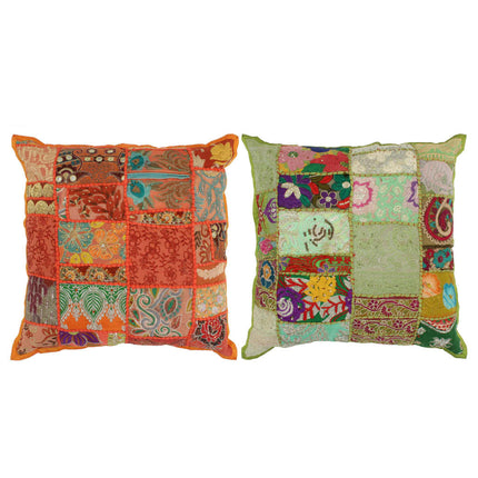 Coussin Patchwork Lot De 2 Fait À La Main 45X45 Cm Orange/Vert