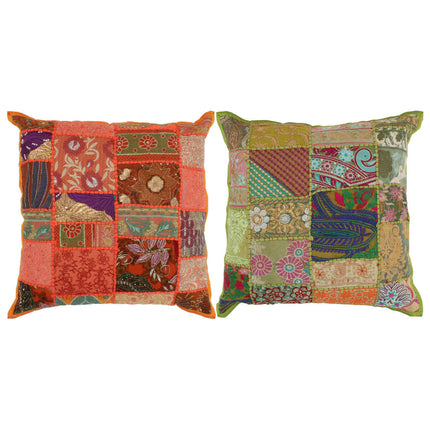 Coussin Patchwork Lot De 2 Fait À La Main 45X45 Cm Orange/Vert