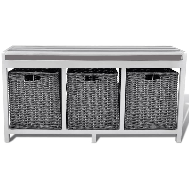 Banc D'entrée Et De Rangement Avec Coussin 3 Paniers Blanc Marron