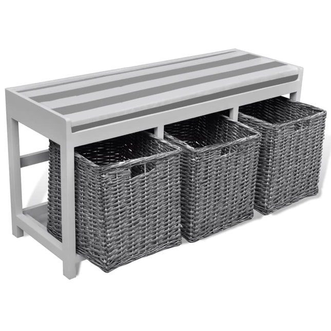 Banc D'entrée Et De Rangement Avec Coussin 3 Paniers Blanc Marron