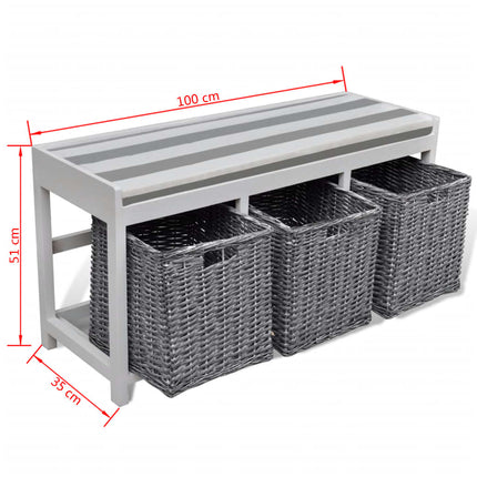 Banc D'entrée Et De Rangement Avec Coussin 3 Paniers Blanc Marron