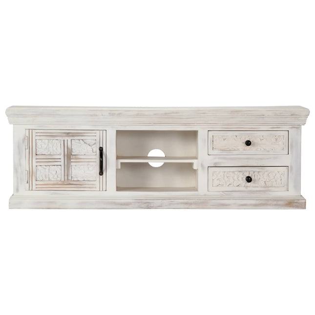 Meuble Tv Blanc 120X30X40 Cm Bois Massif De Manguier