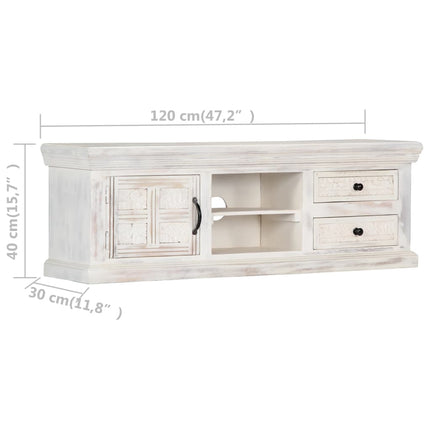 Meuble Tv Blanc 120X30X40 Cm Bois Massif De Manguier
