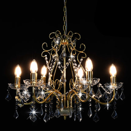 Lustre Avec Perles De Cristal Doré Rond 6 X E14