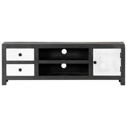 Meuble Tv Sculpté À La Main Gris Et Blanc 120X30X40 Cm Manguier