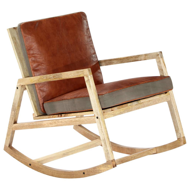 Chaise À Bascule Marron Cuir Véritable Et Manguier Massif