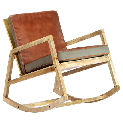 Chaise À Bascule Marron Cuir Véritable Et Manguier Massif