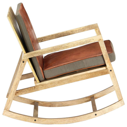 Chaise À Bascule Marron Cuir Véritable Et Manguier Massif