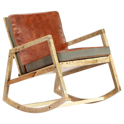 Chaise À Bascule Marron Cuir Véritable Et Manguier Massif