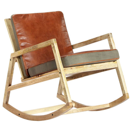 Chaise À Bascule Marron Cuir Véritable Et Manguier Massif