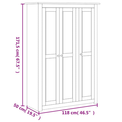 Garde-Robe 3 Portes 118X50X171,5Cm Pin Assortiment Panama Blanc