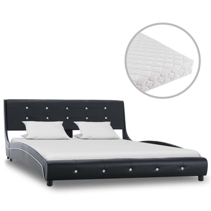 Lit Avec Matelas Noir Similicuir 140X200 Cm Chêne Marron