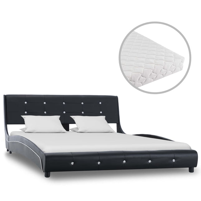 Lit Avec Matelas Noir Similicuir 140X200 Cm Chêne Marron