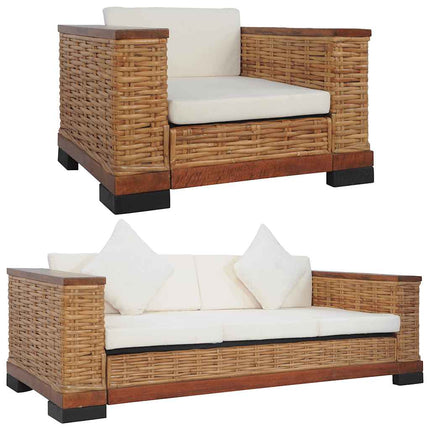 Ensemble De Canapés 2 Pcs Avec Coussins Marron Rotin Naturel