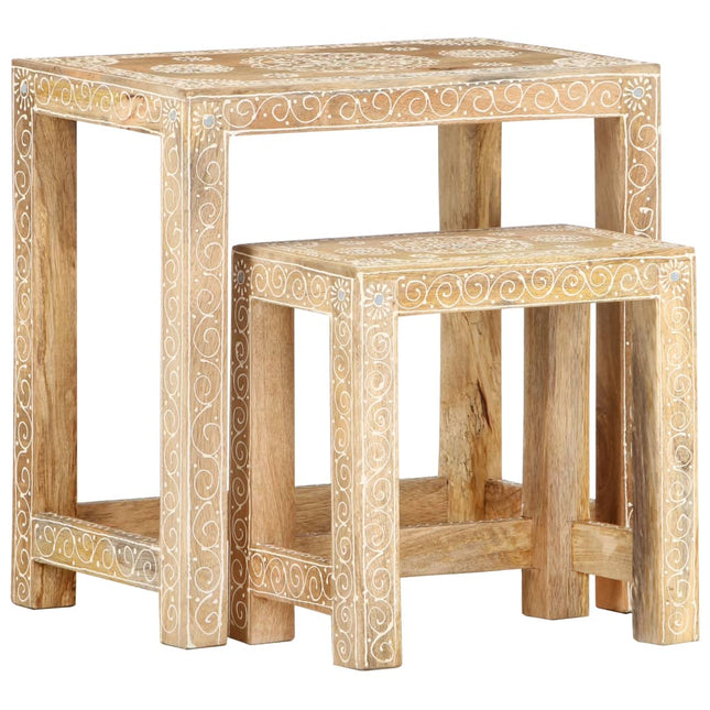 Tables D'appoint Peintes À La Main 2Pcs Bois De Manguier Solide