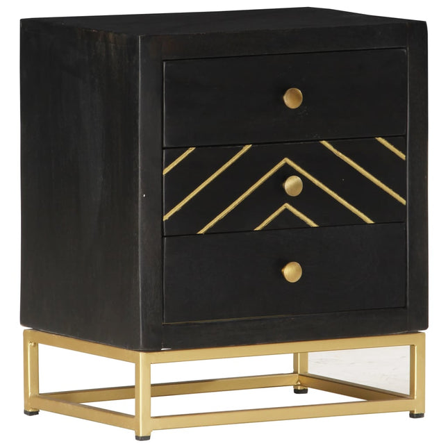 Table De Chevet Noir Et Doré 40X30X50Cm Bois De Manguier Massif