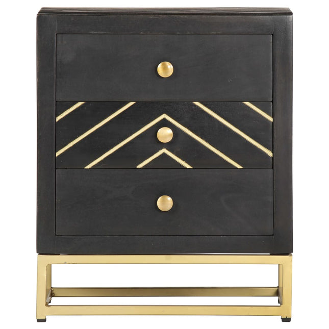 Table De Chevet Noir Et Doré 40X30X50Cm Bois De Manguier Massif