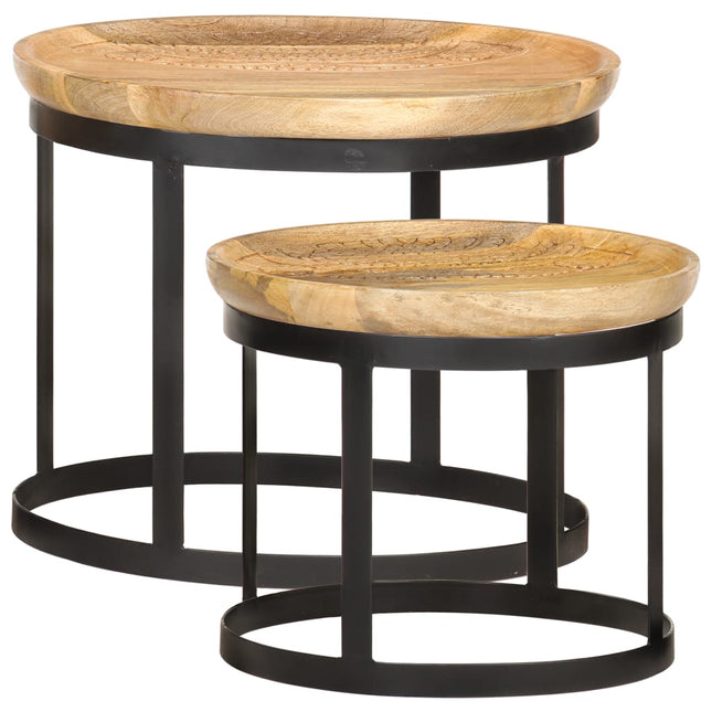 Tables D'appoint Rondes 2 Pcs Bois De Manguier Solide Et Acier