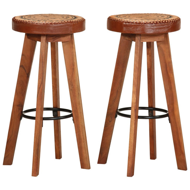 Chaises De Bar Lot De 2 Cuir Véritable Et Bois D'acacia Solide