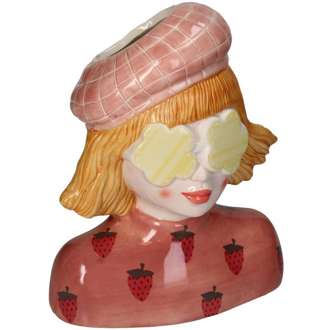 Fraise  Girl Vase - Pink Earthenware Pot - 24 Cm High - Handcrafted Ceramic - Lady Vase